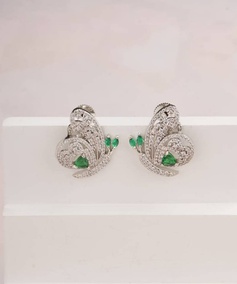 Silver plated green butterfly stud earrings