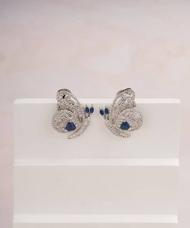 Silver plated sapphire blue butterfly stud earrings
