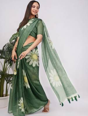 Green pure linen printed saree with blouse 1