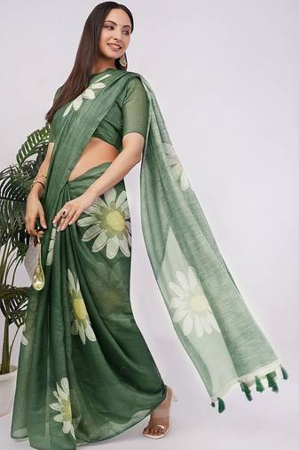 Green pure linen printed saree with blouse