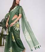 Green pure linen printed saree with blouse