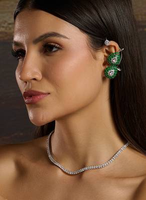 Silver plated green dual pearl cuff earrings 1