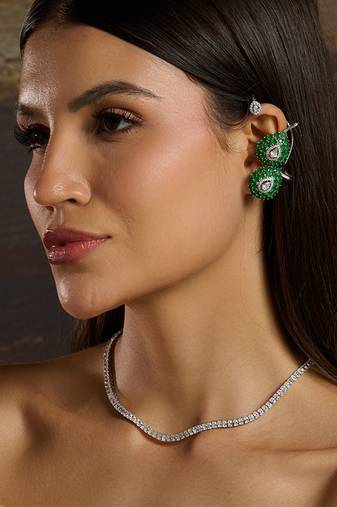 Silver plated green dual pearl cuff earrings