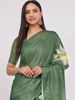 Green pure linen printed saree with blouse 2