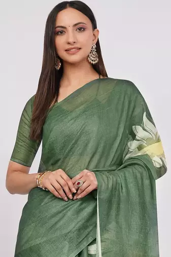 Green pure linen printed saree with blouse
