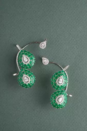 Silver plated green dual pearl cuff earrings