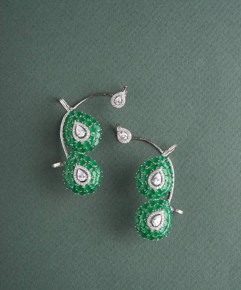 Silver plated green dual pearl cuff earrings