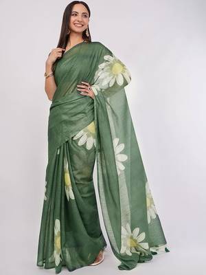 Green pure linen printed saree with blouse 3