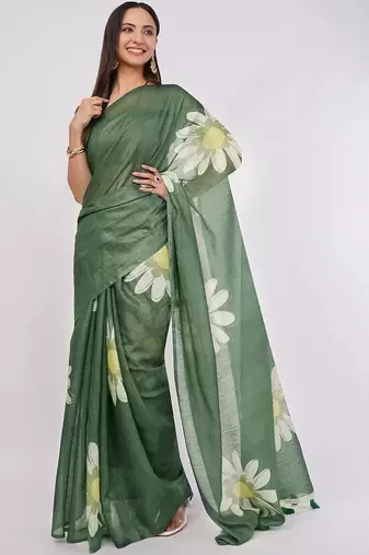 Green pure linen printed saree with blouse
