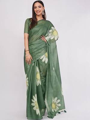 Green pure linen printed saree with blouse 4