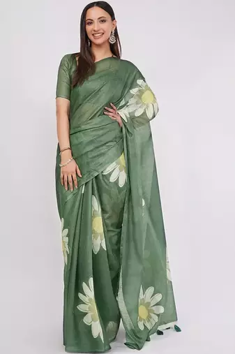 Green pure linen printed saree with blouse