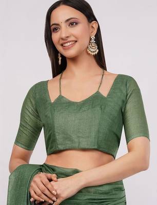 Green pure linen printed saree with blouse 5