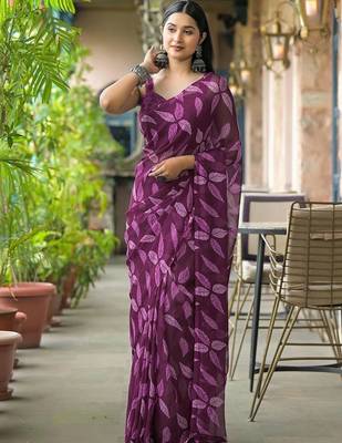 Purple chiffon printed saree with blouse 1