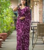 Purple chiffon printed saree with blouse
