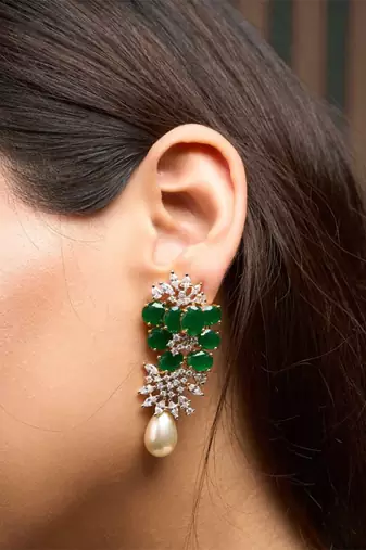 Silver plated green stones drop earrings