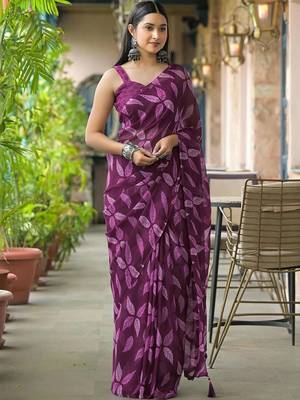 Purple chiffon printed saree with blouse 2