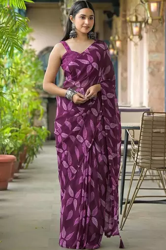 Purple chiffon printed saree with blouse