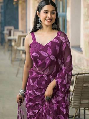 Purple chiffon printed saree with blouse 3