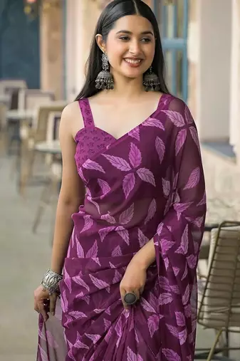 Purple chiffon printed saree with blouse
