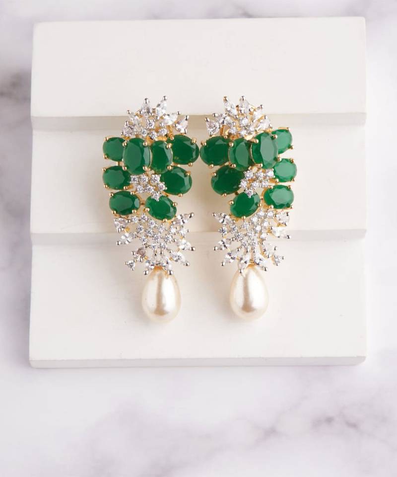 Silver plated green stones drop earrings