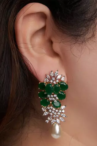 Silver plated green stones drop earrings