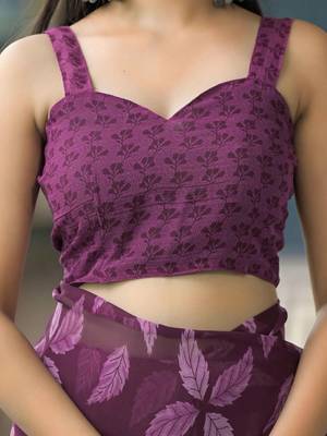 Purple chiffon printed saree with blouse 5