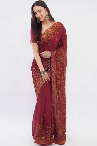 Maroon tissue embellished saree with blouse