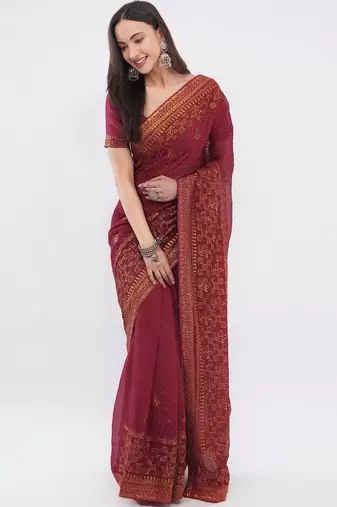 Maroon tissue embellished saree with blouse