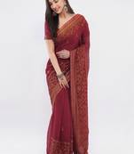 Maroon tissue embellished saree with blouse