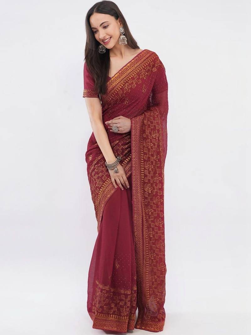 Maroon tissue embellished saree with blouse