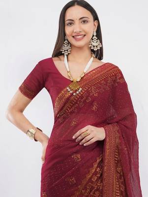 Maroon tissue embellished saree with blouse 2