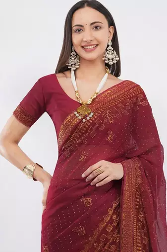 Maroon tissue embellished saree with blouse