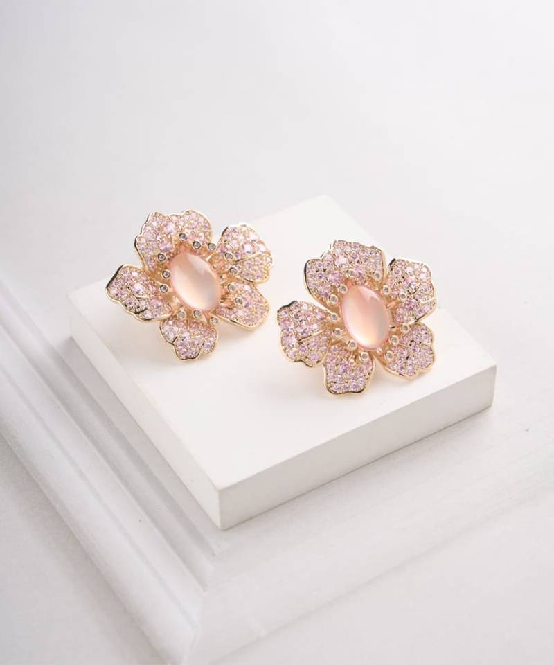 Rose gold plated pink stone stud earrings
