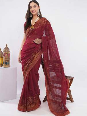 Maroon tissue embellished saree with blouse 3