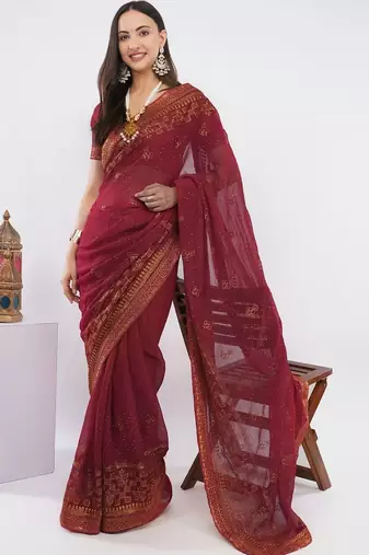 Maroon tissue embellished saree with blouse