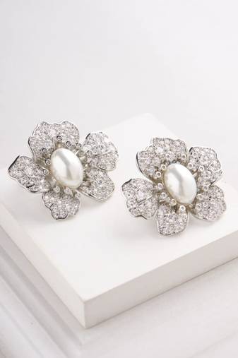 Silver plated white stone stud earrings