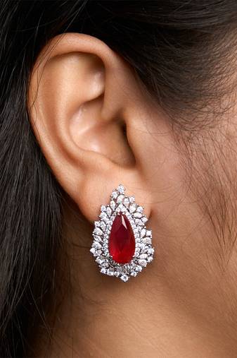 Silver plated ruby red stone stud earrings