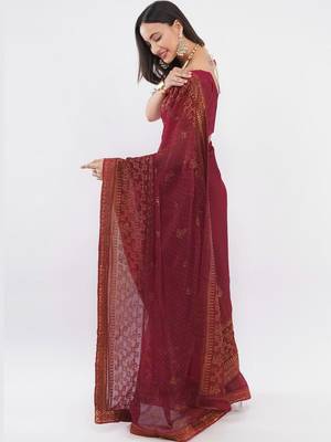 Maroon tissue embellished saree with blouse 4