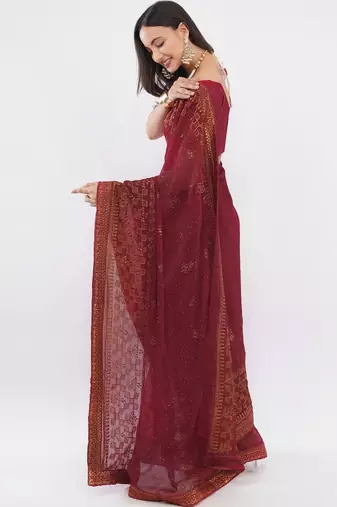 Maroon tissue embellished saree with blouse