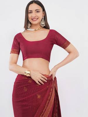 Maroon tissue embellished saree with blouse 5