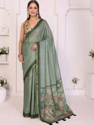 Sea green linen printed saree with blouse 1