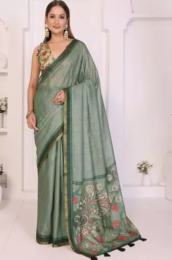 Sea green linen printed saree with blouse