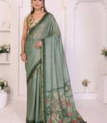 Sea green linen printed saree with blouse