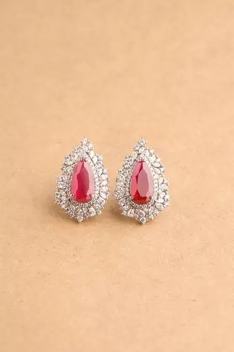 Silver plated ruby red stone stud earrings