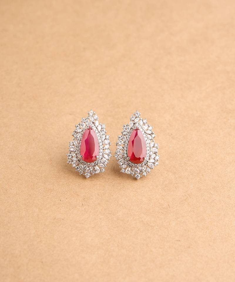 Silver plated ruby red stone stud earrings