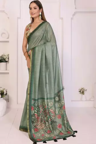 Sea green linen printed saree with blouse