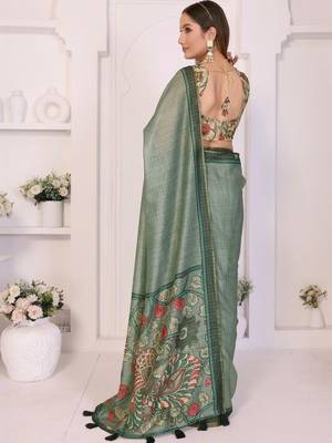 Sea green linen printed saree with blouse 3