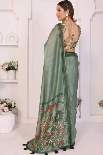 Sea green linen printed saree with blouse