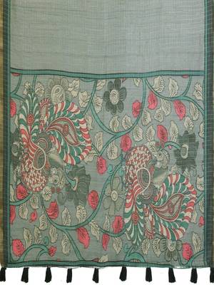Sea green linen printed saree with blouse 4