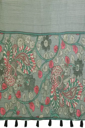 Sea green linen printed saree with blouse